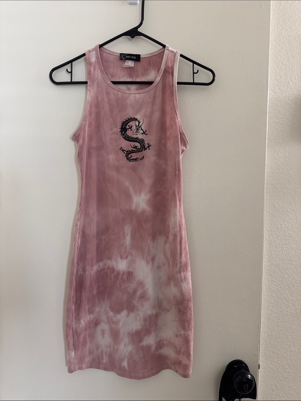 Women's Pink Tie-Dye Ribbed Midi Dress with Dragon Print